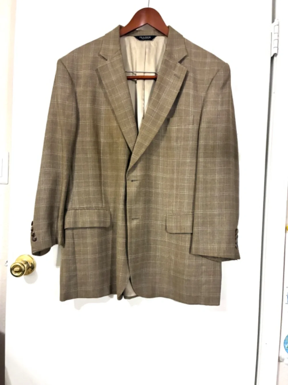 JOS A BANK MENS 52% SILK 48% WOOL 2 BUTTON SPORT COAT/BLAZER SZ 42 R PLAID WHEAT